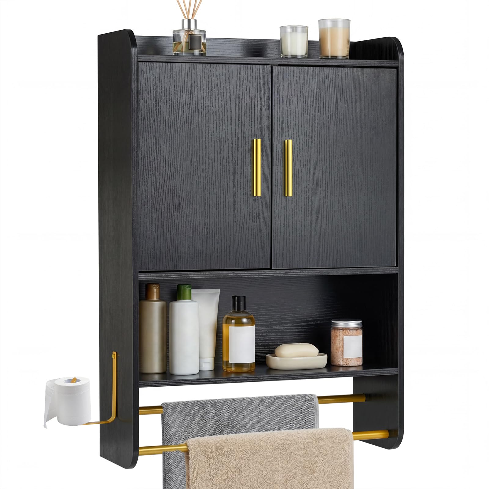 COSTWAY Armario de Pared para Baño, Armario de Almacenamiento con Puertas, Estante Ajustable, Compatimento Abierto, Barra para Colgar, Mueble Colagnte para Cocina, Salón, 55 x 20 x 80 cm (Negro)