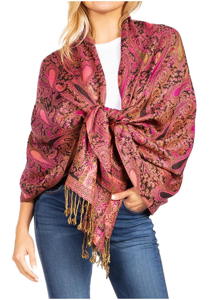 Sakkas Women's Pink / Black 16125 - Kalin Long Wide Woven Patterned Fringe Tassel Pashmina Shawl/Scarf - Pink/Black - Os