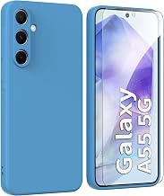 Case for Samsung Galaxy A55 5G (6.6 Inches) Cover + Screen Protector Tempered Glass, Liquid Silicone TPU Case Cover - Blue