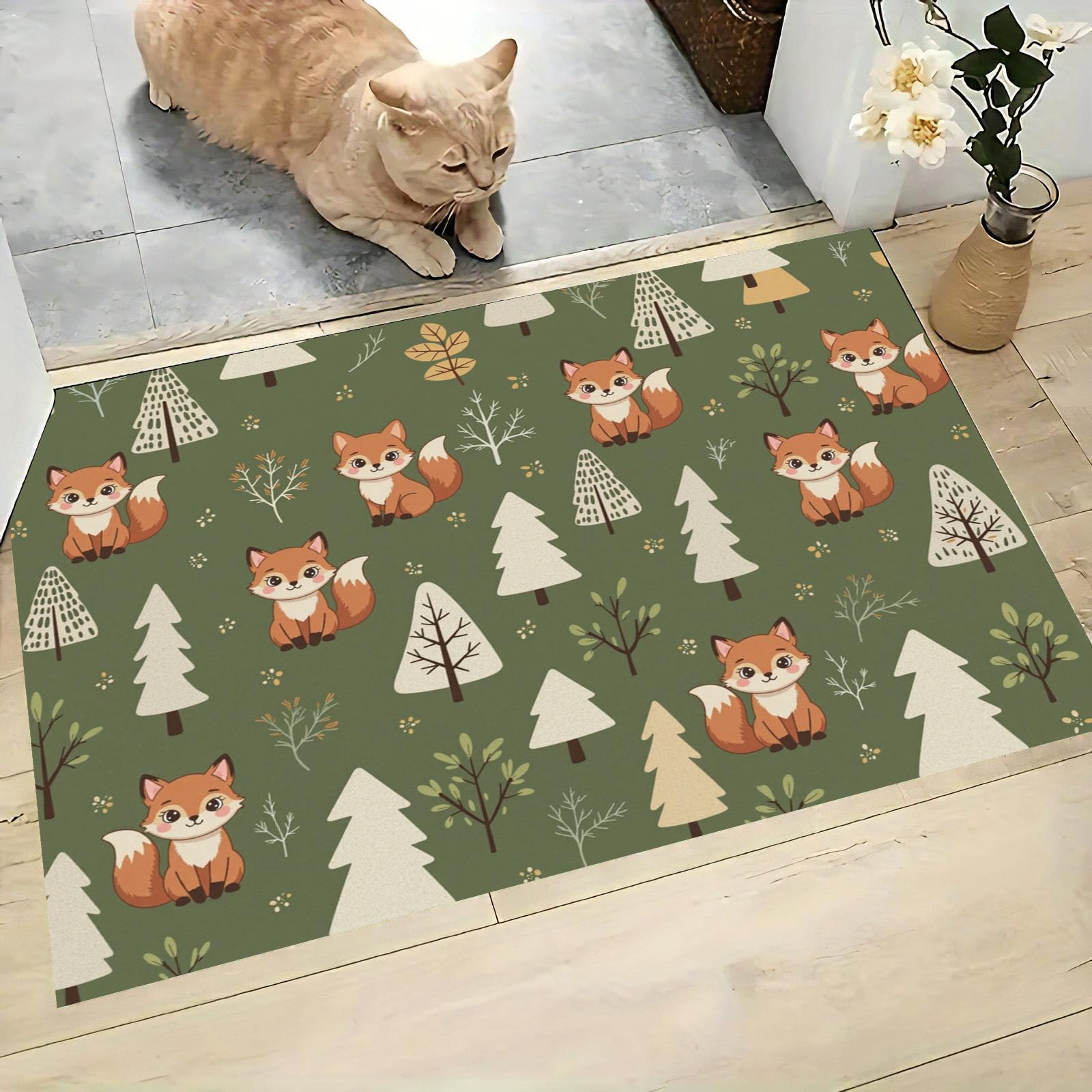 Felpudo Entrada Casa Árboles De Zorro 60x120cm | Alfombra de Puerta Animales Sencillos del Bosque, Felpudo de Bienvenida, Antideslizante, Alfombra Decorativa de Perfil bajo para Pasillo y Sala