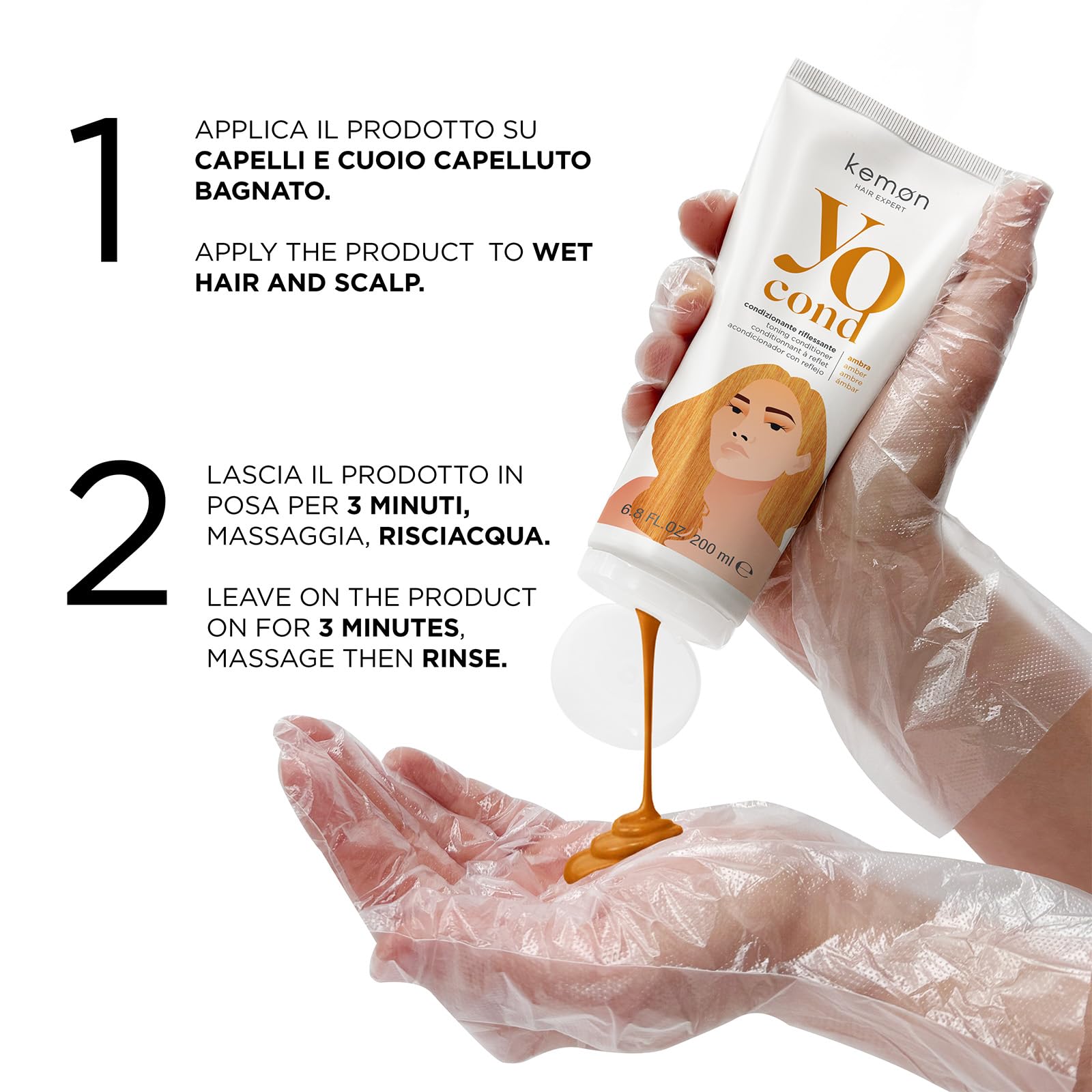 Kemon Yo Cond Ambra - Maschera Riflessante Professionale con Formula YoVeg e Velian Complex, Nutre e Illumina i Capelli in 3 Minuti, 88% Ingredienti Naturali, 200 ml