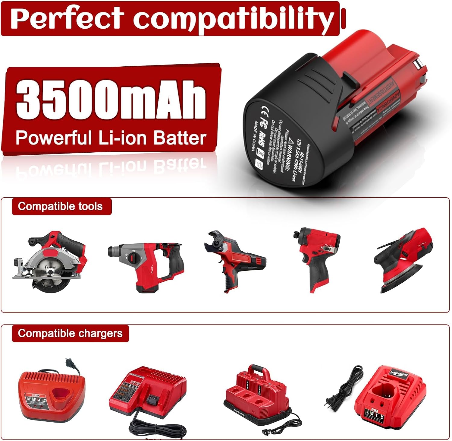 2 Pack 12V 3500mAh Battery Compatible wit Milwaukee 12V Battery and Charger Kit 48-11-2411 48-11-2420 48-11-2401 48-11-2402 48-11-2401(Not Made in Milwaukee)