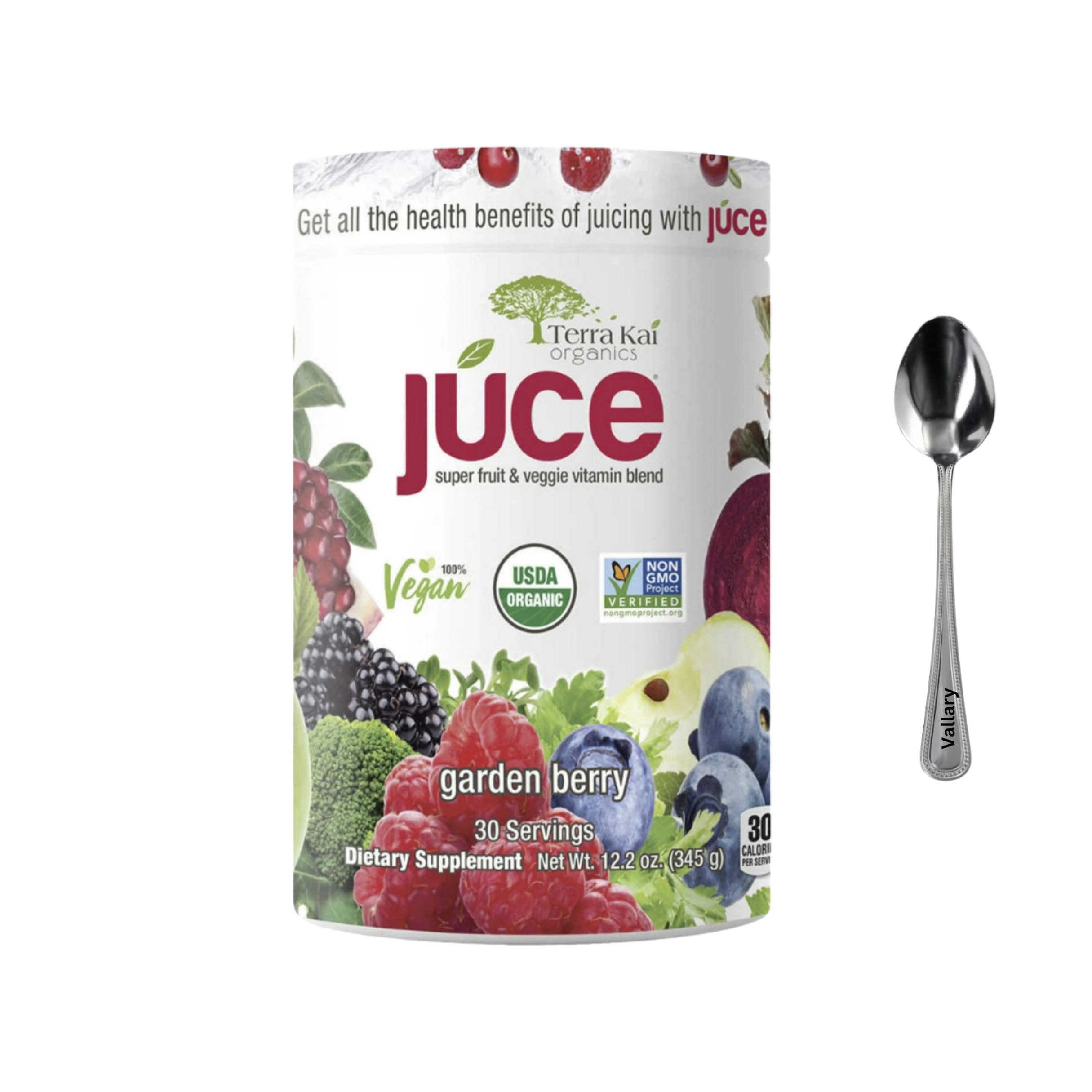 Terra-Kai Organics Juce Super Fruit and Veggie Blend Drink, 12.2-Ounce Garden Berry, 30 Servings, Greens Powder, Juce, Green Juice Powder, Super Food, Greens Drink, Juce Terra Kai (Pack 1) bundle with Vallary Spoon.