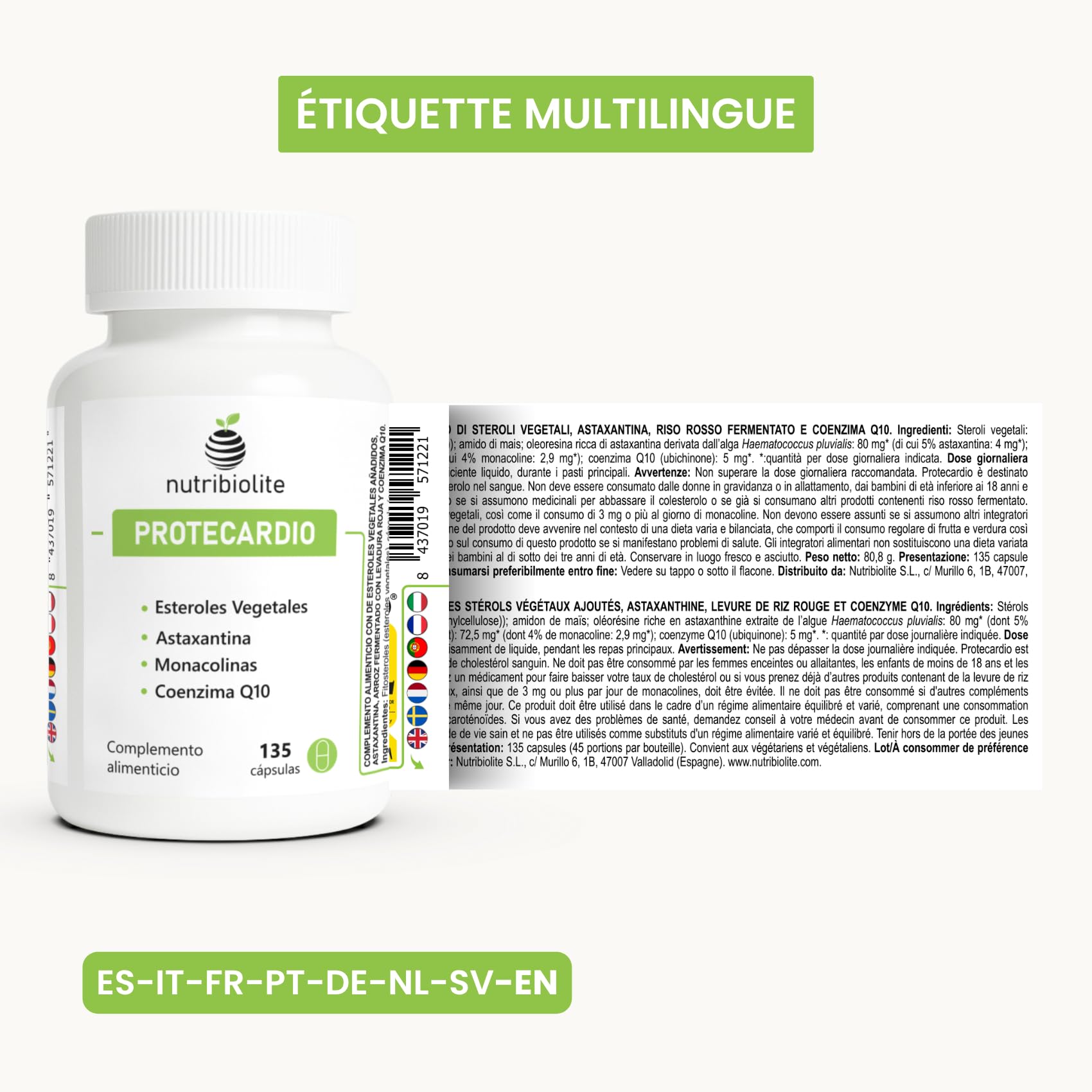 Stérols Végétaux (Phytostérols), Levure de Riz Rouge (Monacolines), Astaxanthine et Coenzyme Q10 – Cholestérol et Triglycérides – 135 gélules – Végan – Sans additifs | Protecardio Nutribiolite