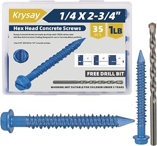 Krysay 35pcs 1/4 x 2-3/4" Concrete Masonry Screws with Drill Bit - Hex Head Self-Tapping, Blue Coated for Brick, Block & Cement