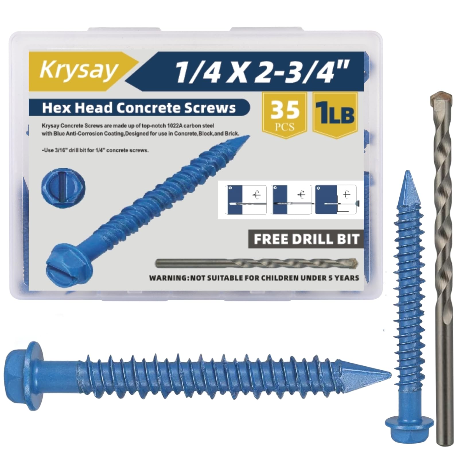 Krysay 35Pcs 1/4 x 2-3/4 in Concrete Screws with Drill bits,Masonry Screws for Concrete Assortment Kit,Hex Head Block Cement Stacoo Screws and Anchors