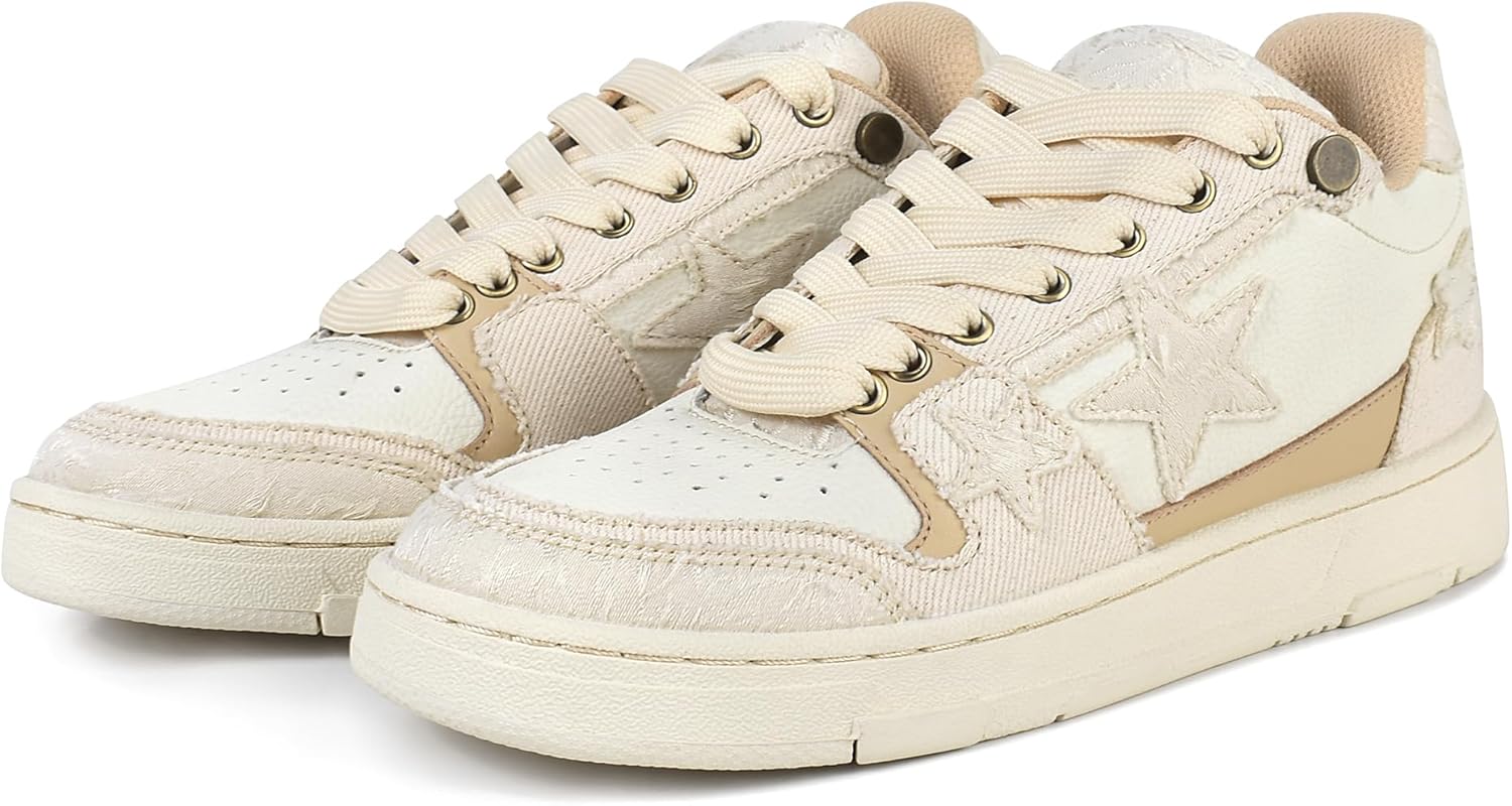 Women’s Fashion Sneakers Denim Lace Low Top Comfortable Walking Shoes Breathable Platform Casual Hiking with Stars