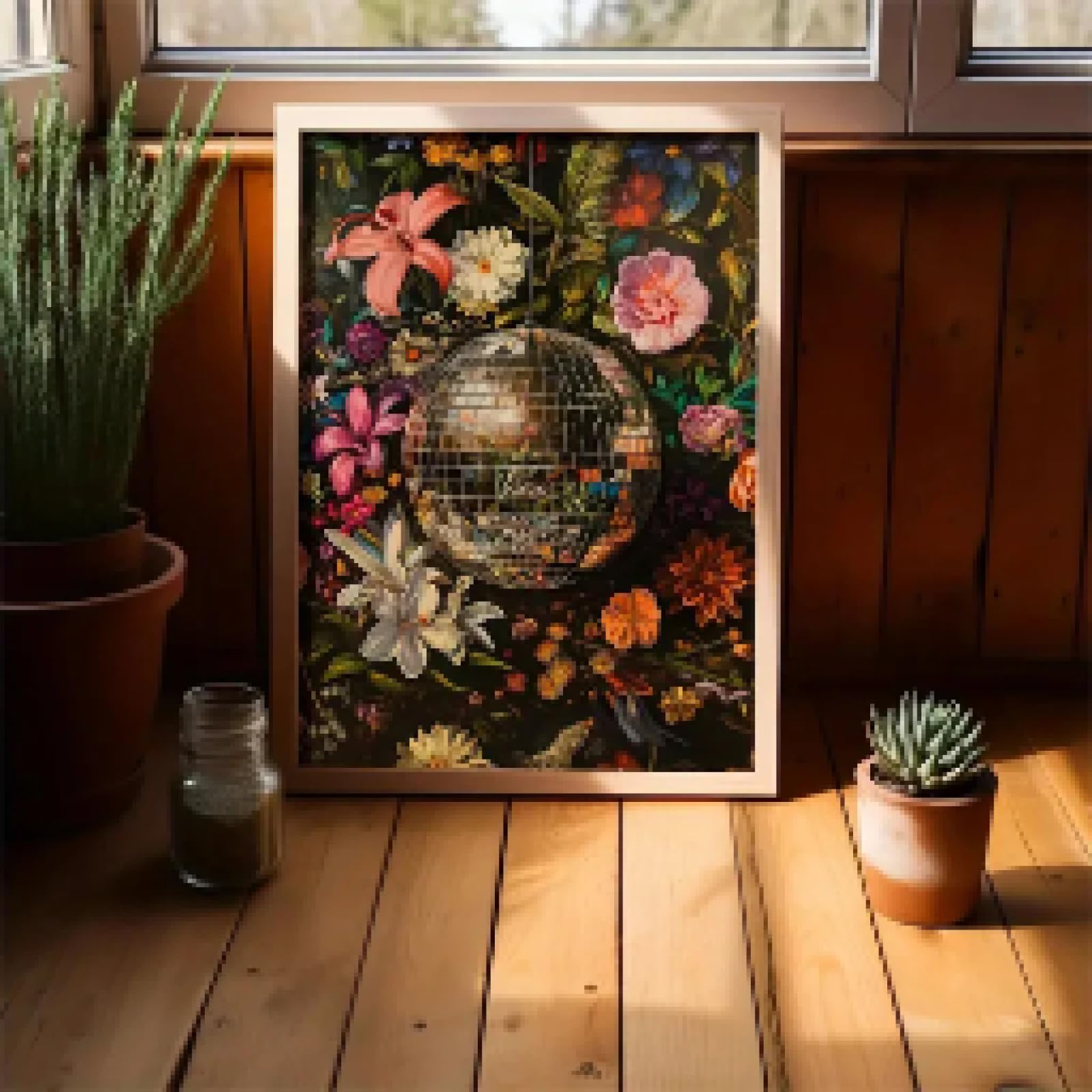 KEMEIQI Interior Disco Ball Flowers Posters and Prints Canvas Painting Vintage Mirror Ball Pictures for Bedroom Kitchen Home Decor 40x60cm Frameless