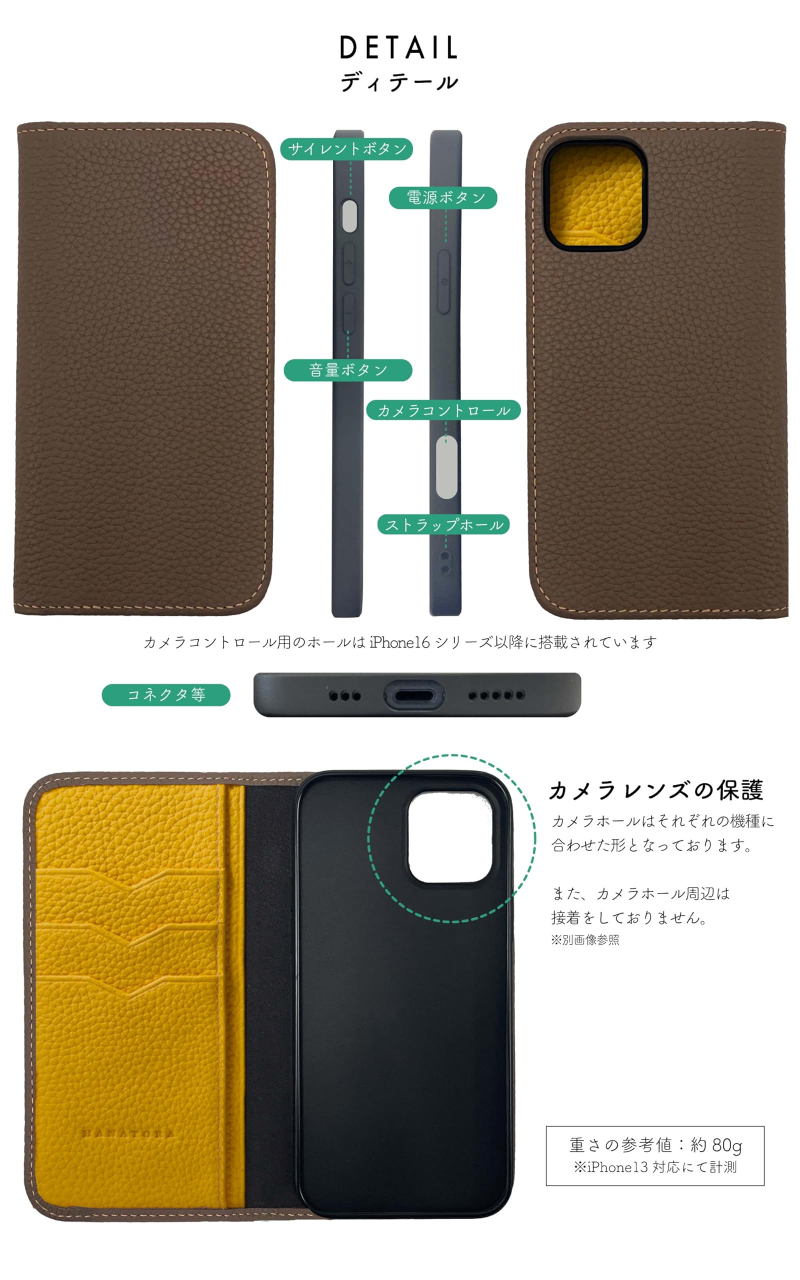 HANATORA for iPhone 12ProMax ケース 手帳型 本革 スマホケース スマホ スタンド コードホルダー 付き シュリンクカーフレザー マグネットなし トープ + イエロー PH-12ProMax-Taupe-YL ギフト 誕生日 女性 男性 彼女 お母さん お父さん 人気商品 30代 40代 50代 60代 70代 - 2