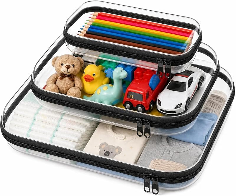 Kit com 3 estojos de viagem Calantre com zíper e estrutura rígida transparente, preto