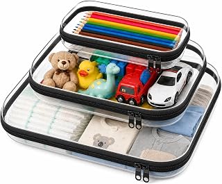 3PCS Clear Hard Shell Zipper Case 13.8 * 11.8 * 2 IN (Black) | Transparent shell for easy item access. Works as cosmetic bag, toy pouch, diaper organizer and pencil case.