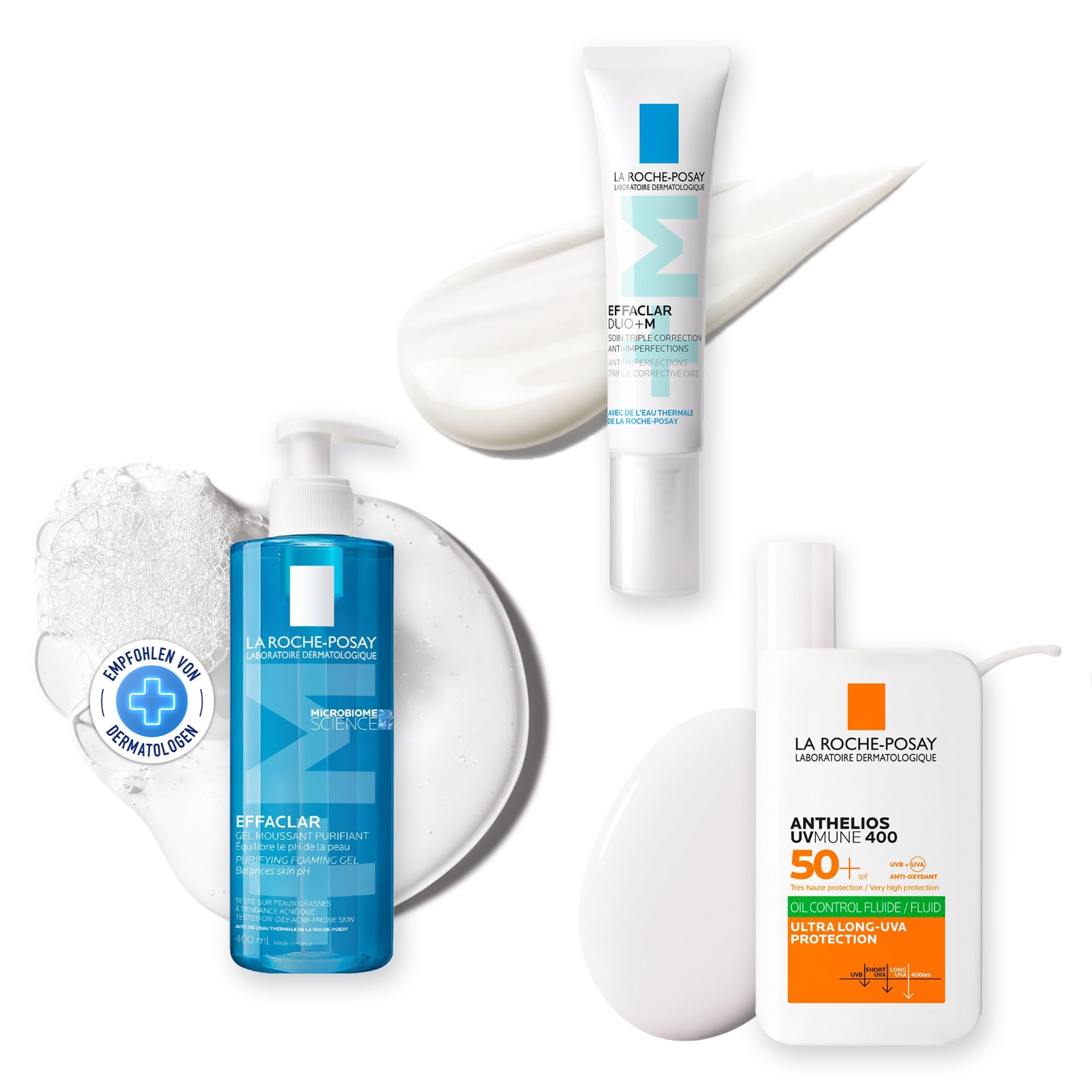 La Roche Posay Effaclar & Anthelios Set mit Schäumendem Reinigungsgel, Duo+M Creme & UVMune400 Fluid LSF50+, Pflegeset gegen Unreinheiten & Hautglanz, Für Mischhaut & fettige Haut, 400ml + 40ml + 50ml