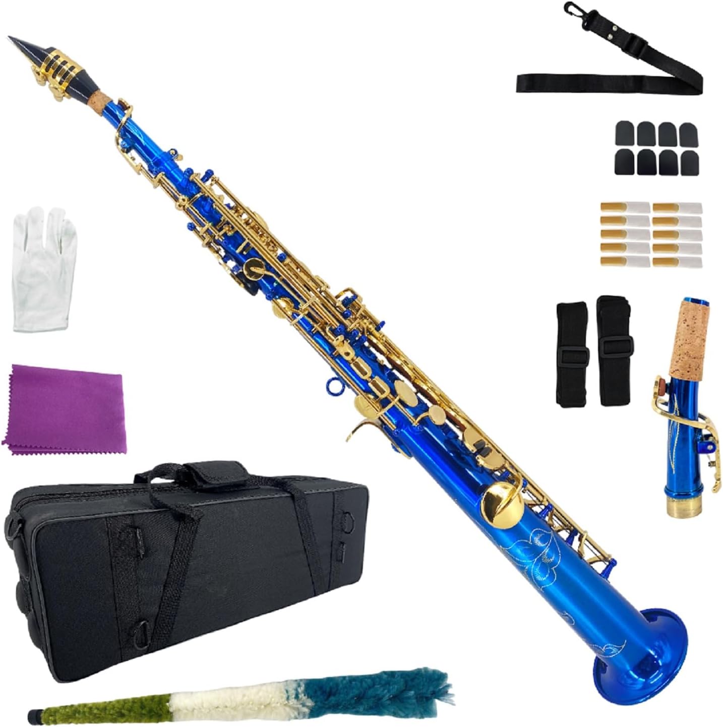 Bb Soprano Saxophone Straight Gold Sax Instruments for Beginners Students with Mouthpiece Carrying Case Straps 10Reeds (Blue)