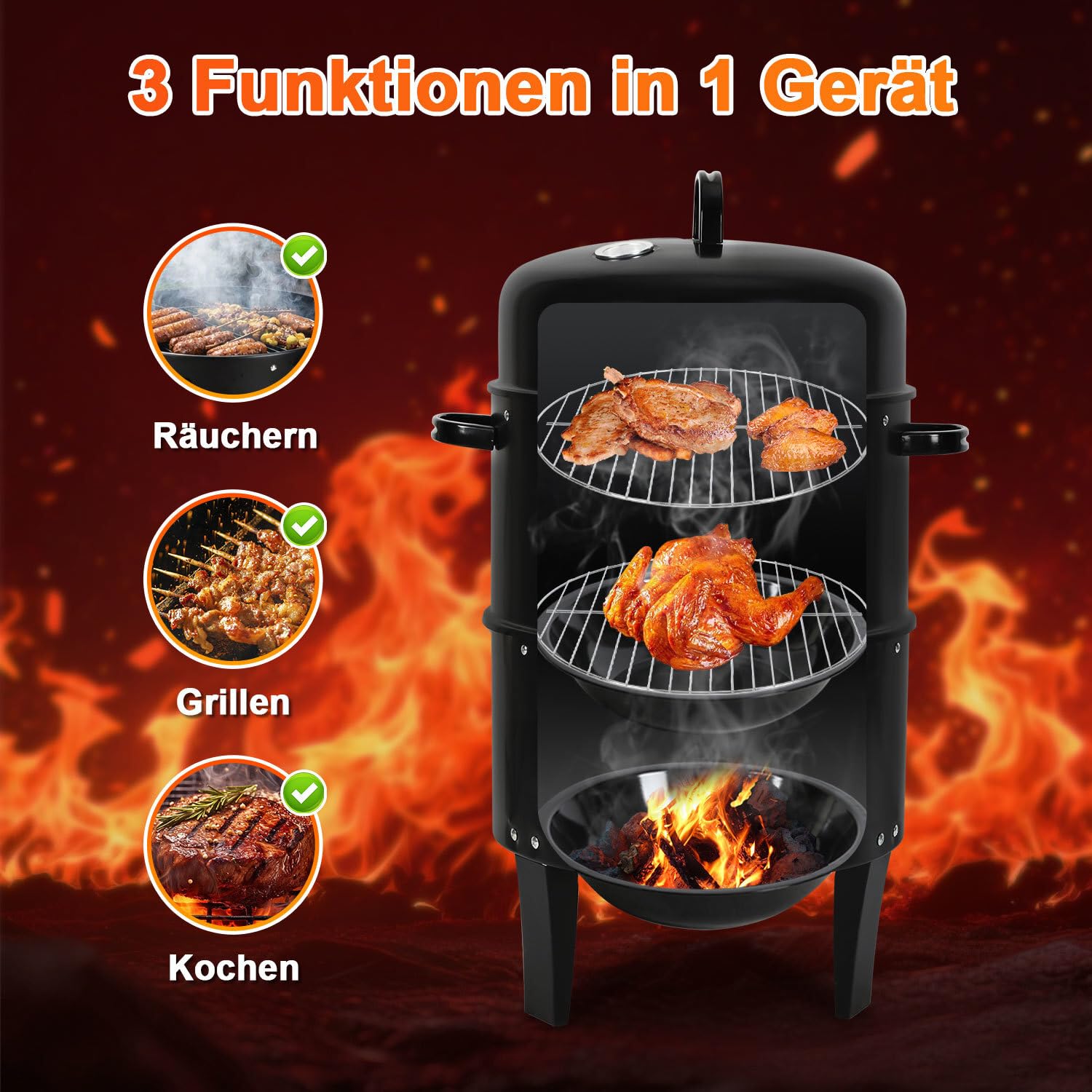 Horno para ahumar 3 en 1 para ahumar, barbacoa para ahumar, asar y cocinar, barbacoa de carbón vegetal con termómetro, tapa y asa, 2 niveles de diámetro 40 × 80 cm, para jardín, balcón y