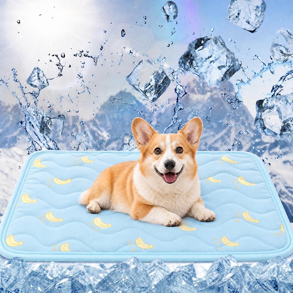 Vervora Washable Dog Cooling Mat 62x50cm, Pet Cool Pad for Small Dogs & Cats, Summer Heat Relief Breathable Blanket for Puppy Crate Bed Sofa Floor, Cute Fruit Pattern (Blue Banana, M)