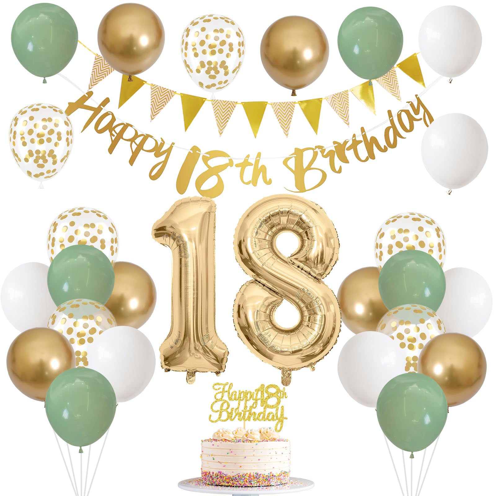 18th Birthday Decorations - Happy 18th Banner, Cake Topper, Foil Balloons in Sage Green, White, Gold for 18 Year Old PartyCarbonfree Certified
