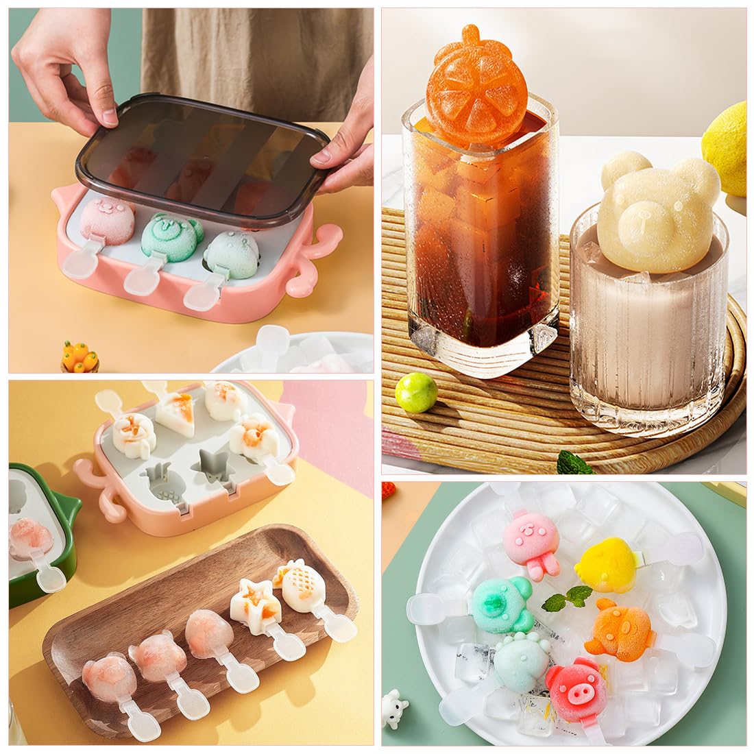 Bluelves Moldes Helados, 6 Pack Moldes para polos helados, Molde Helados Silicona con Palo, Poleras Helado para Bebé, Niño y Adultos（Animales）