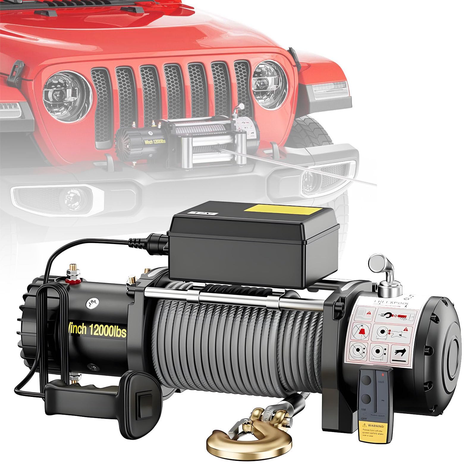 Wciągarka elektryczna 12 V/24 V do ATV, UTV, SUV, ciężarówki, łodzi, 2,721 kg, wytrzymała, terenowa, holownicza z wodoodpornym IP67, bezprzewodowym i przewodowym pilotem zdalnego sterowania