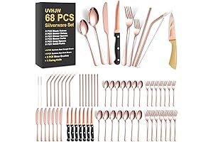 68-Piece Rose Gold Silverware Set with Steak Knives: A Floral Feast for Your Table