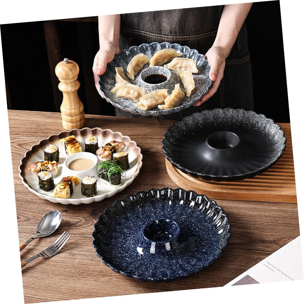 Runder Keramik Knödelplatte mit Mikrowellengeeigneter Sauce Dip Schale Blau Multifunktionales Serviertablett für Restaurant und Haushalt