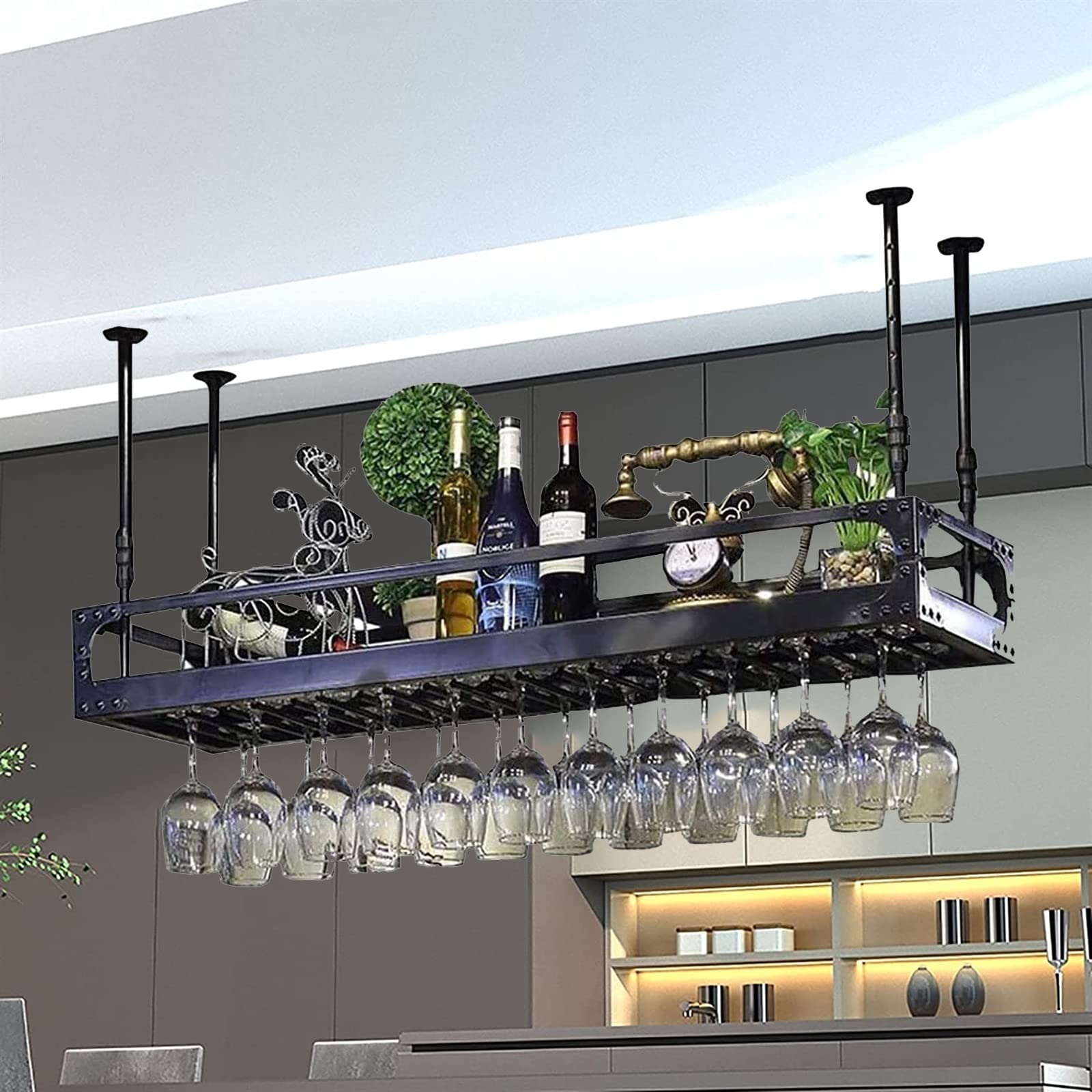 Casier à verres à vin au plafond suspendu noir de 120 cm pour bar