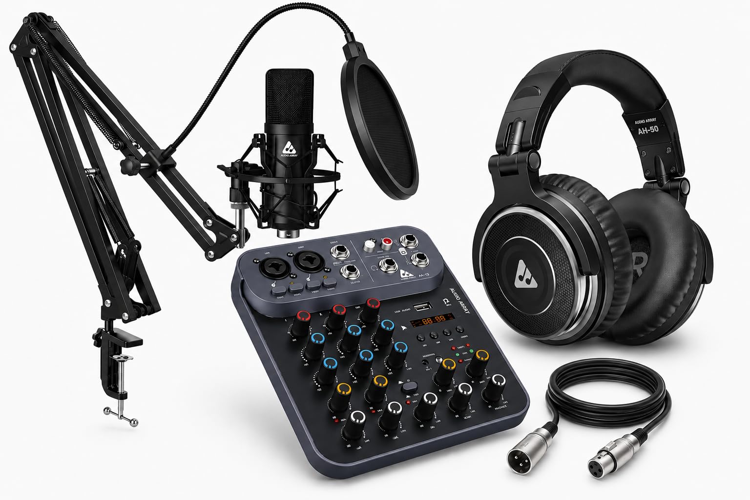 Audio Array Professional Studio Recording Bundle with XLR Condenser Mic Kit, 4-Channel USB Audio Mixer, 50mm DJ Headphones & 48V Phantom Power for Podcasting, Streaming & Home Studio Use | PB-16-image-33