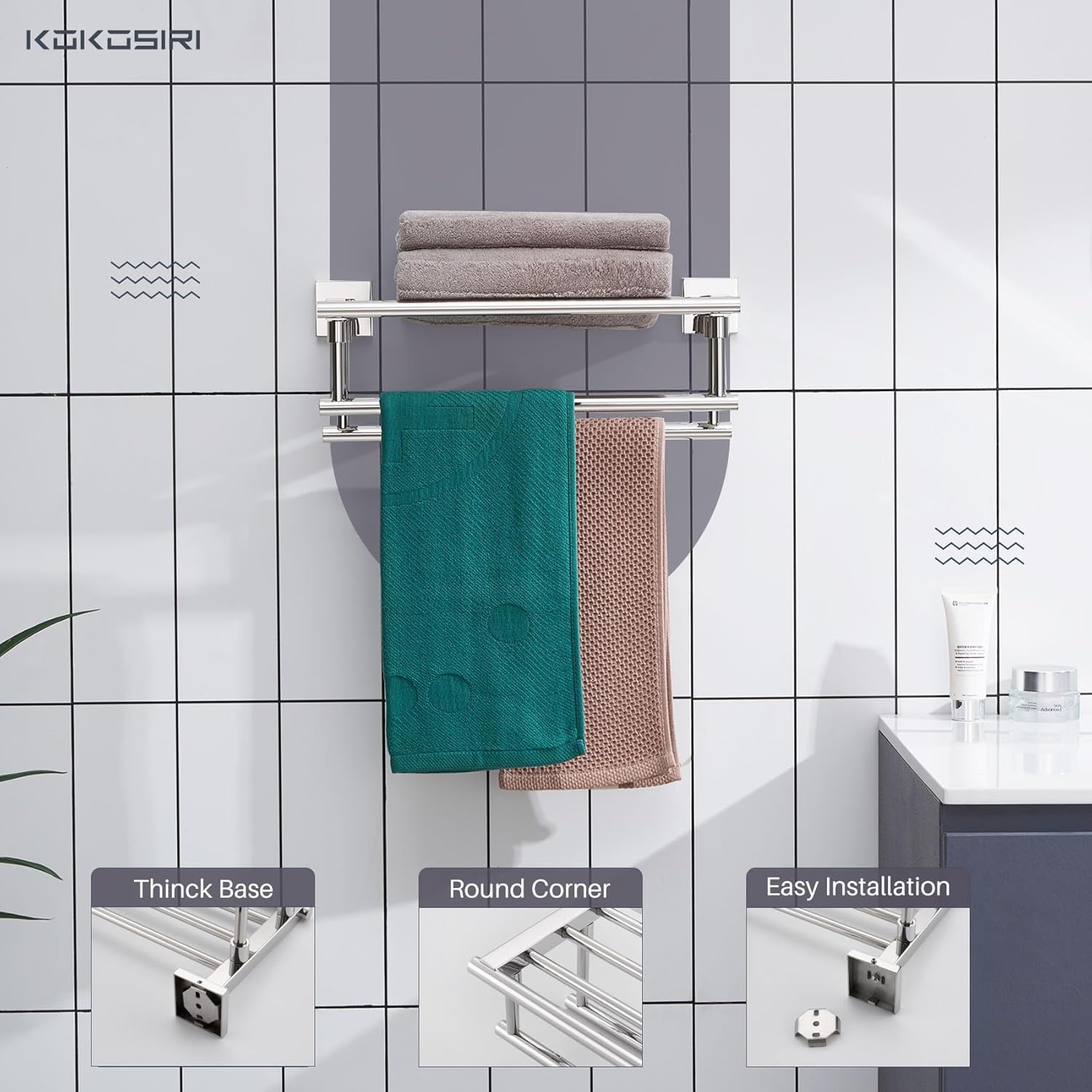 KOKOSIRI Bathroom Towel Rack Towel Holder 16 Inch Bath Towel Shelf with Double Towel Bars Wall Mounted, Polished Chrome Stainless Steel B6005CH-L16 - Image 4