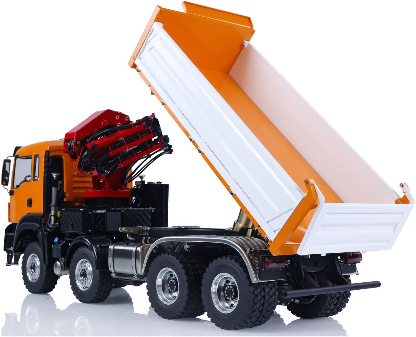 LESU wheelfun 8X8 1/14 RC Hydraulic Crane Dumper Truck Assembled RC Tipper Construction Vehicle Model PL18Ev Lite Radio Light Sound 2-Speed Transmission(Orange and White)