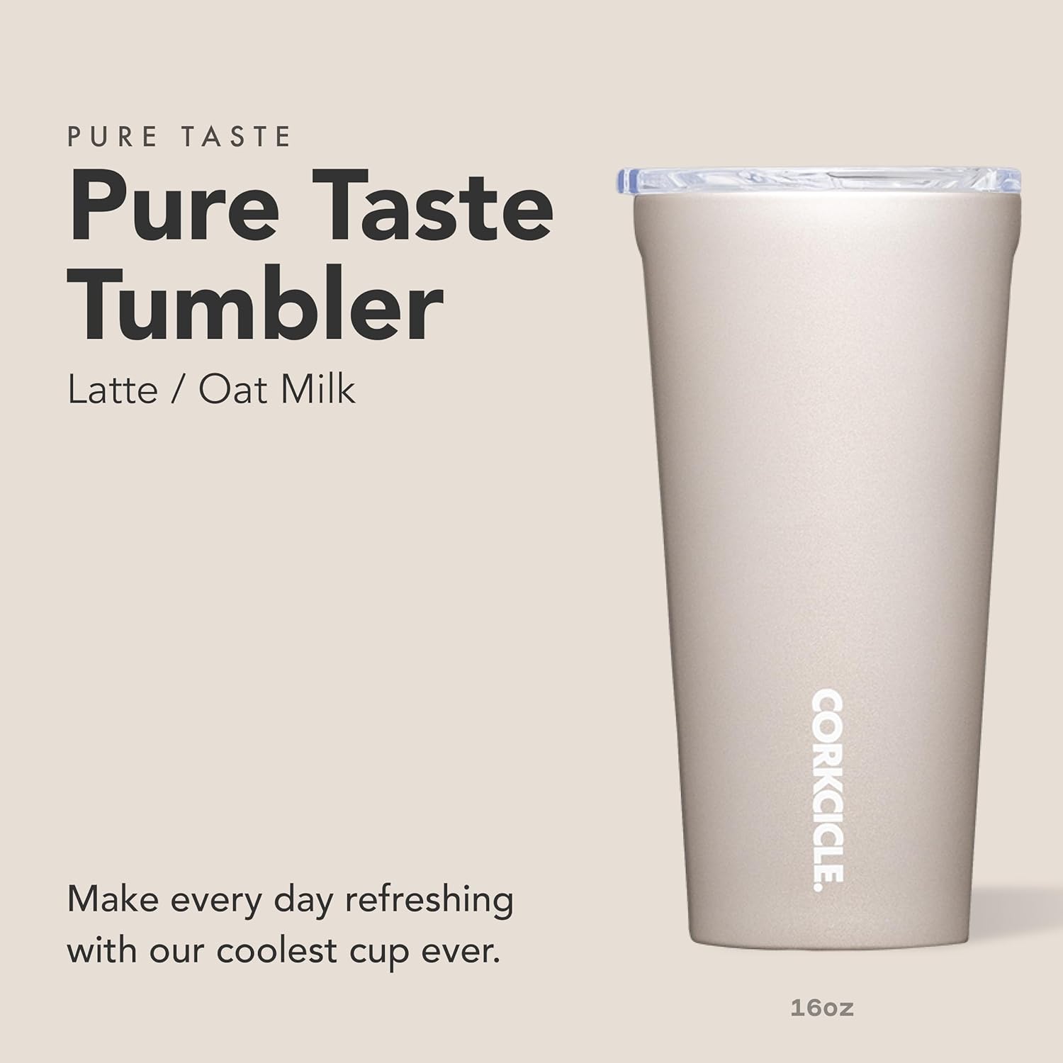 Corkcicle Pure Taste Tumbler - Stainless Steel Insulated Cup With Lid - Non-Slip Silicone Base - Ceramic Interior Coating - Durable Travel Mug - Dishwasher Safe - BPA Free - 16 oz - Latte/Oat Milk