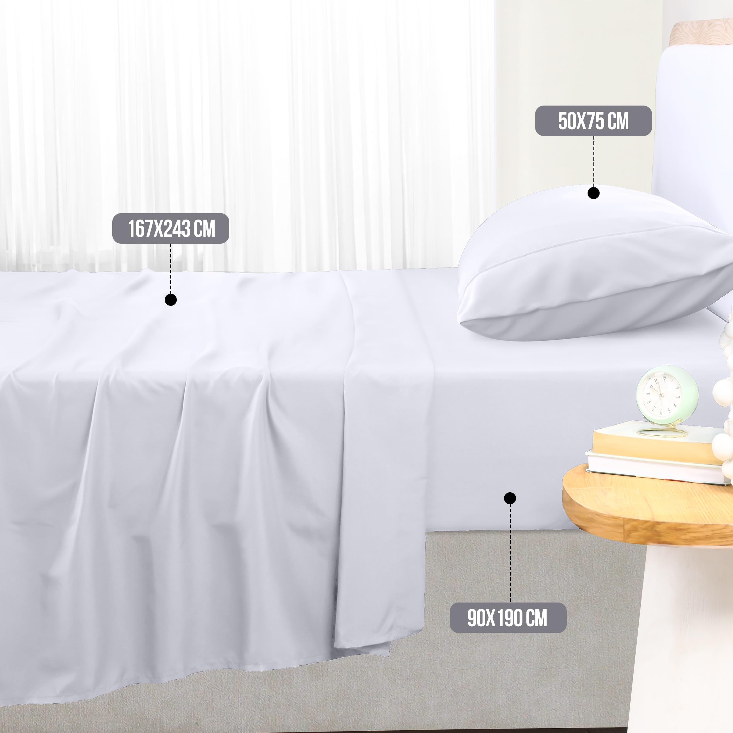 Utopia Bedding - Set Lenzuola Letto Singolo 3 Pezzi 90x190 cm - Spazzolata Poliestre di Microfibra - Oeko-Tex Certificato - Lenzuolo con Angoli, Lenzuolo Piatto e 1 Federa 50x75, Bianco