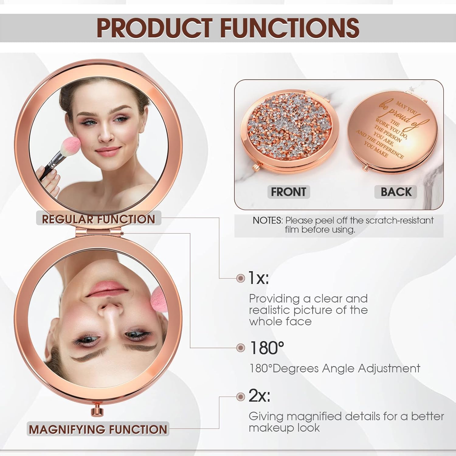 Unittype 10 Pcs Inspirational Compact Mirror for Women Thank You Gifts Bulk Travel Pocket Mirror Appreciation Gift for Women Employee Emergency Nurses Week Gifts (Rose Gold)