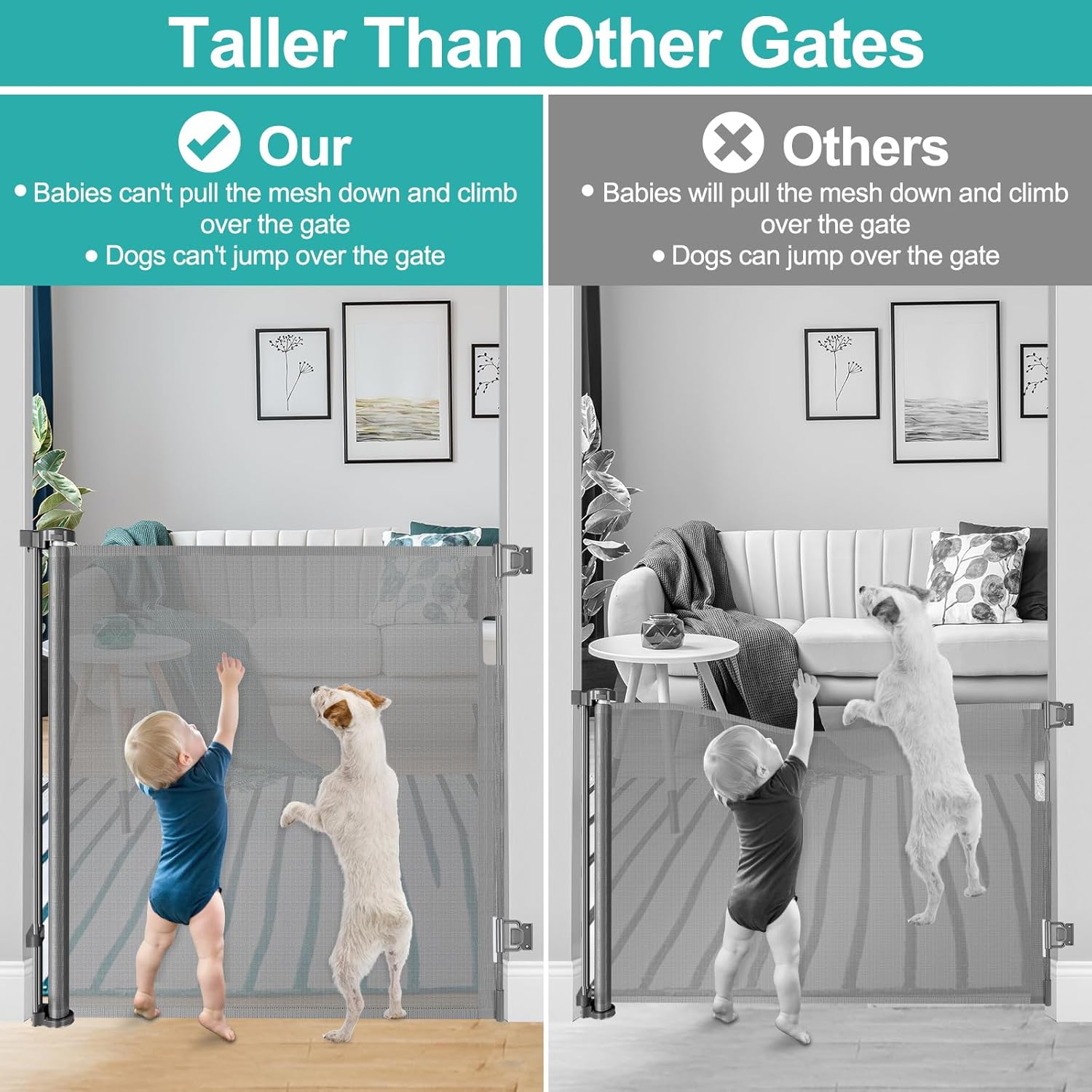 42 Inch Extra Tall Baby Gate for Stairs 55” Wide Retractable Anti-Scratch Mesh Gates for Kids or Pets Extra Tall Puppy Gates for The House One-Hand Operation Retractable Dog Gate for Doorway, Gray