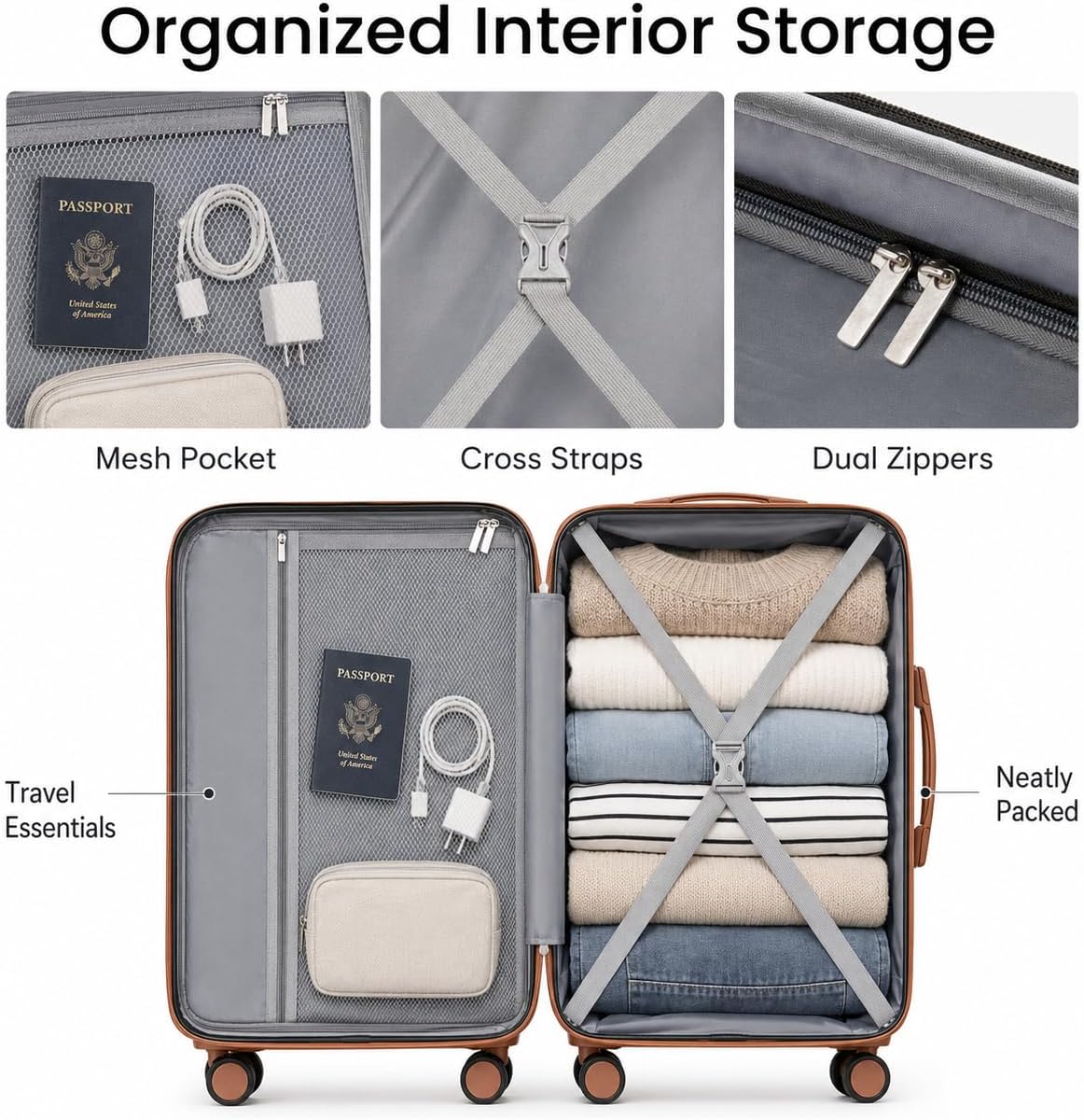 YOETEY Carry On Luggage 22x14x9 Airline Approved, Hardside Suitcase with Wheels, TSA Approved, Tote Bag, White Brown