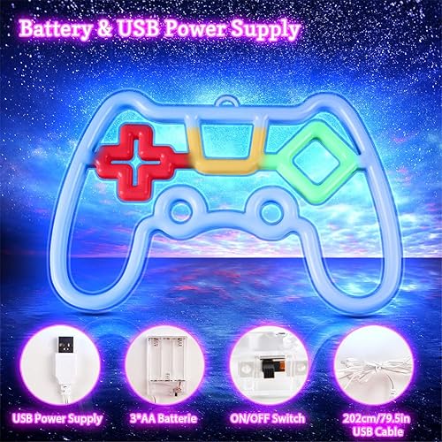 Miniatura 4 de Vicloon Letrero de neón para jugadores, luz de neón con forma de controlador de juego, luz de pared LED alimentada por USB/batería para decoración