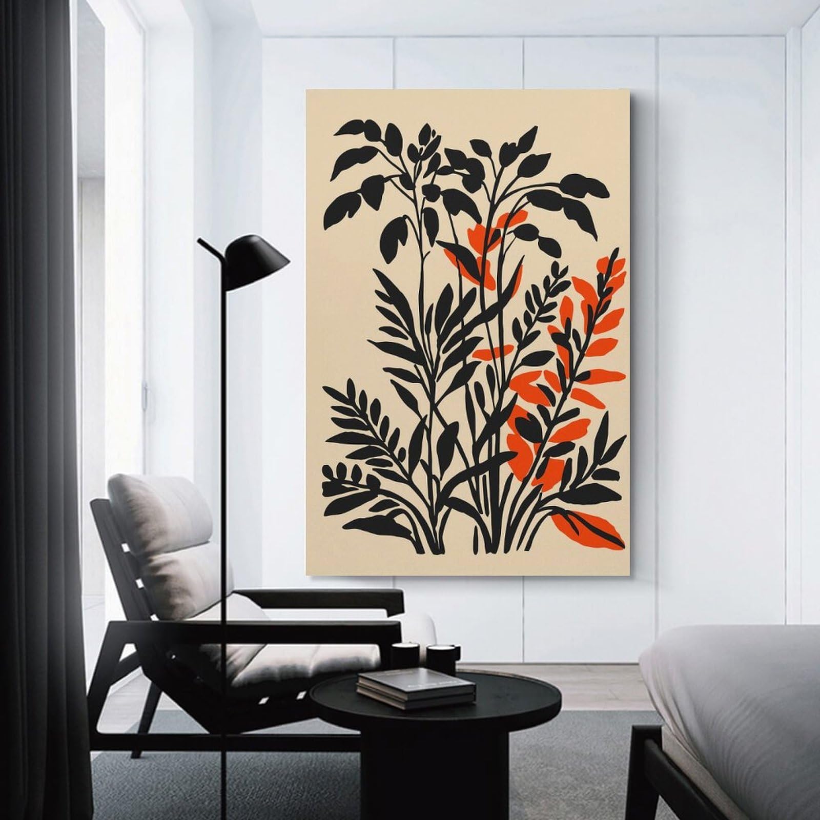 Junmoney Floral Illustration with Black And Orange Canvas Wall Decor, 08x12inch(20x30cm), for New Homes, Bedrooms Or Workspaces, Gift Idea for Housewarming And Birthdays