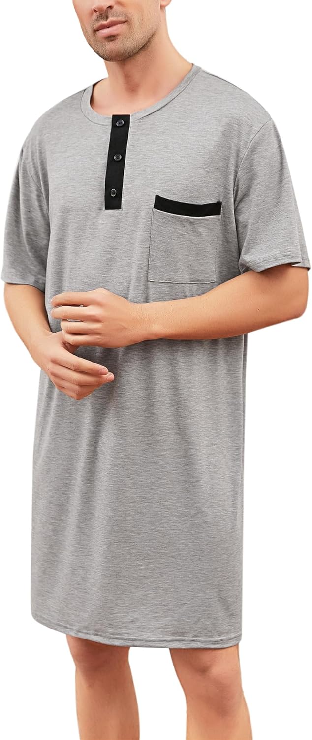 Men Short Sleeve Nightshirt Knee Length Nightgown Cotton Sleep Shirt Lounge Wear