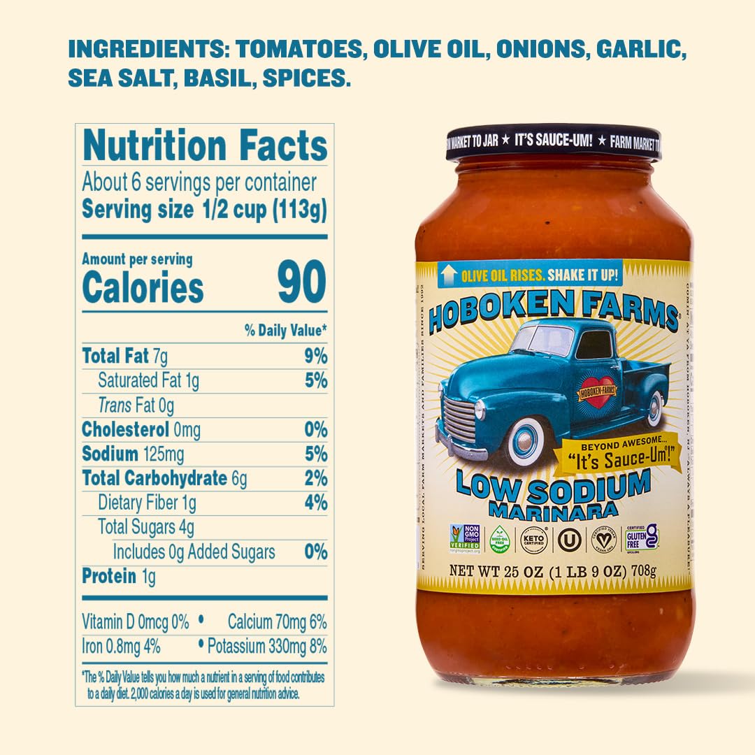Hoboken Farms Low Sodium Marinara Sauce - Keto Certified, No Sugar Added, Non GMO Project Verified, Plant Based, and Paleo Friendly (25 Fl Oz, Pack of 2)