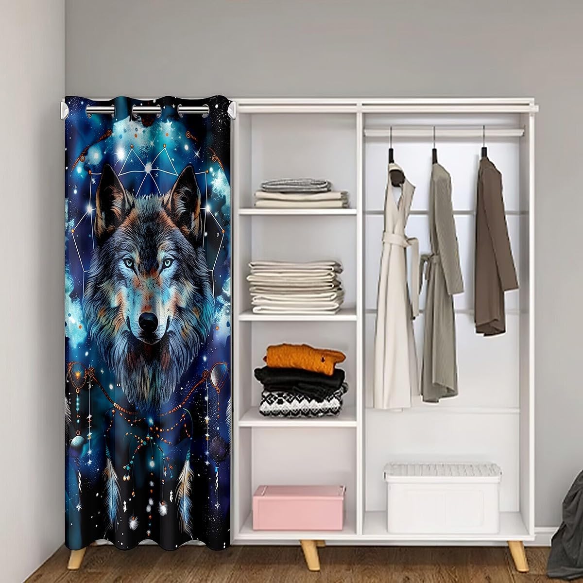 Bohemia Wolf Door Curtain for Boys Girls Exotic Dream Catcher Doorway Curtain 42" Wx 80" L Tribe Style Feather Blackout Curtain Dreamy Starry Galaxy Curtain Tapestry for Hallway