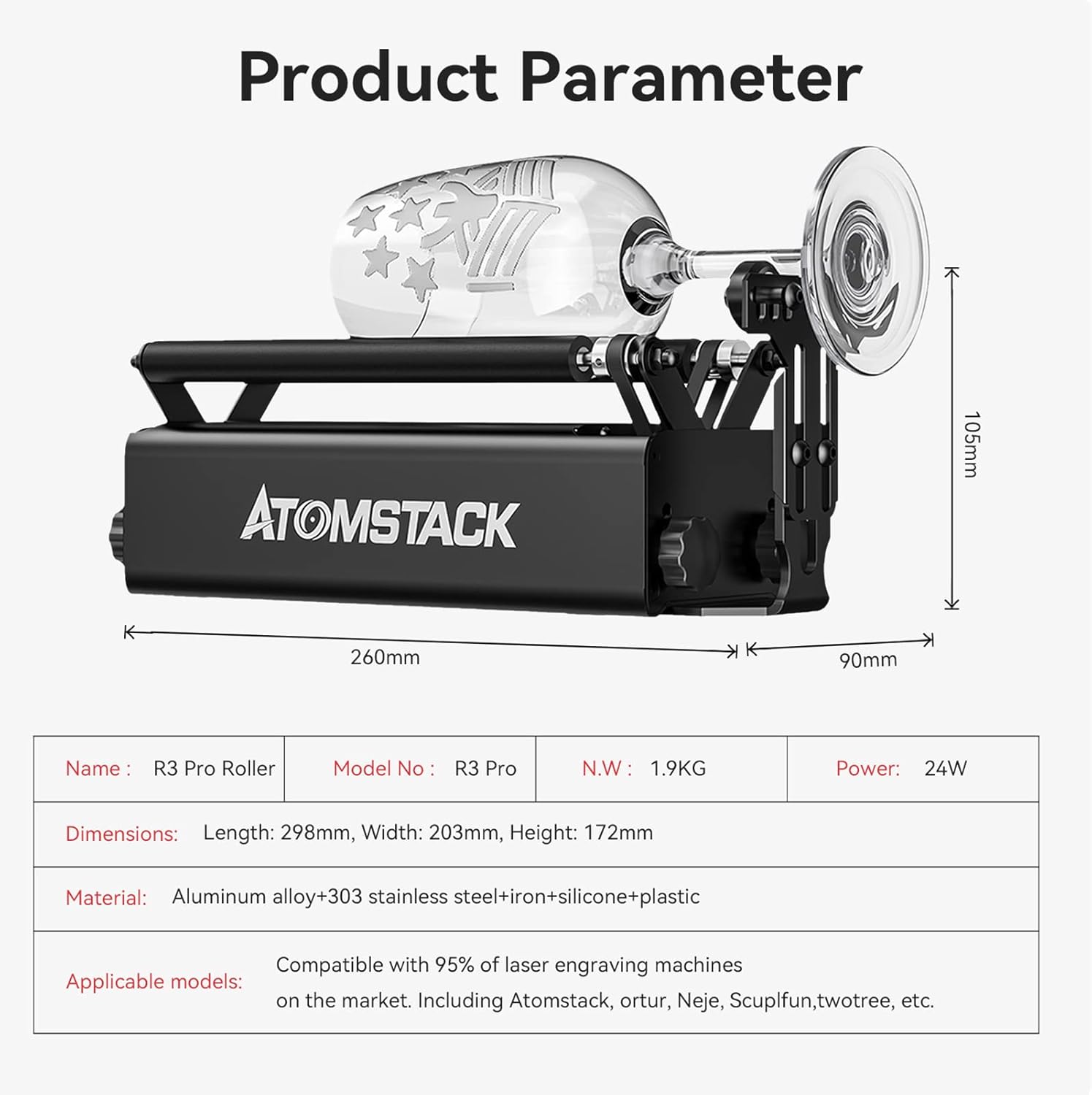 ATOMSTACK R3 Pro Rotary Roller product parameters diagram