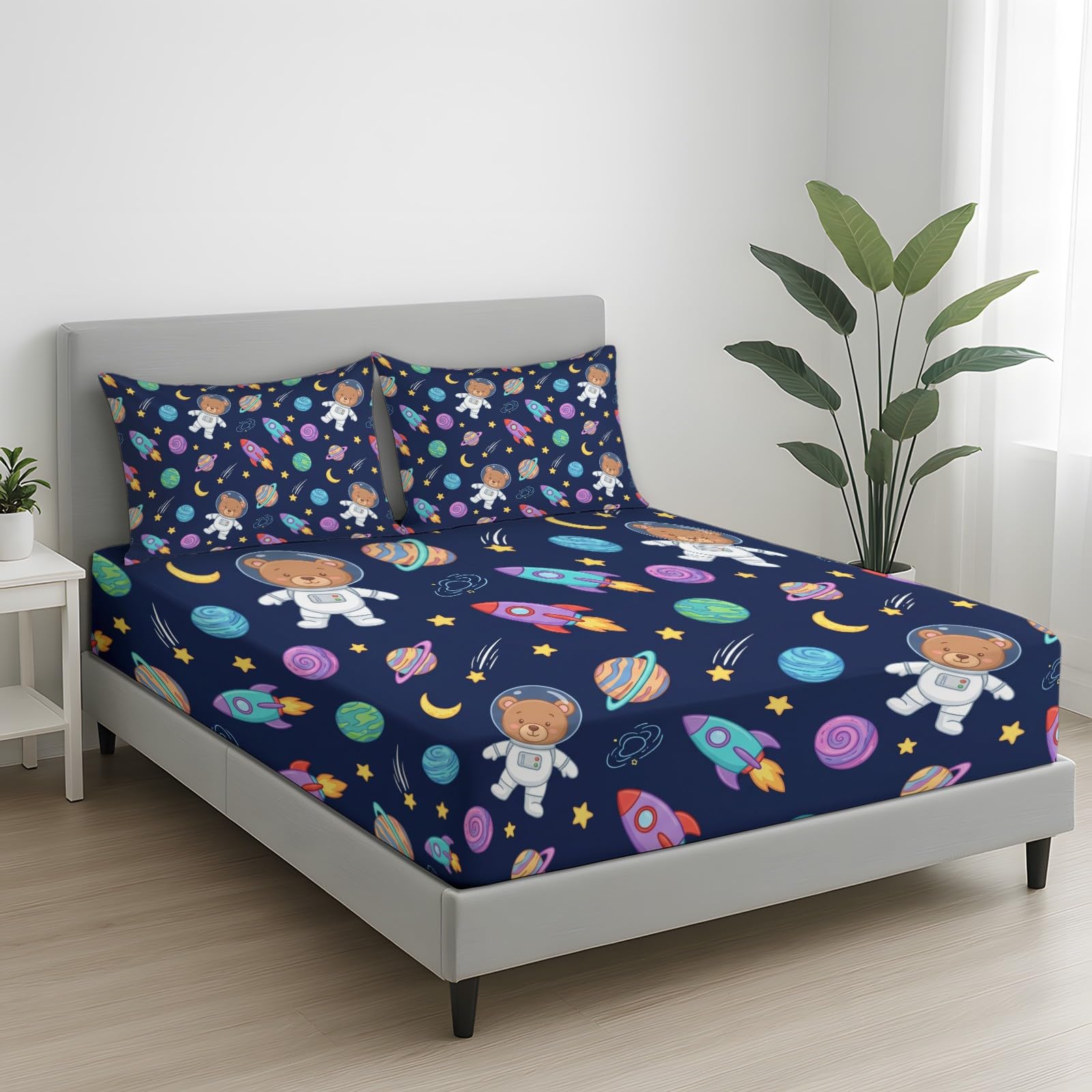 Space pojedyncze prześcieradło z gumką, 90 x 190 cm, kreskówkowa planeta, rakieta, z głęboką kieszenią, głębokość 30 cm, zestaw pościeli z miękkiej mikrofibry, łatwe w pielęgnacji
