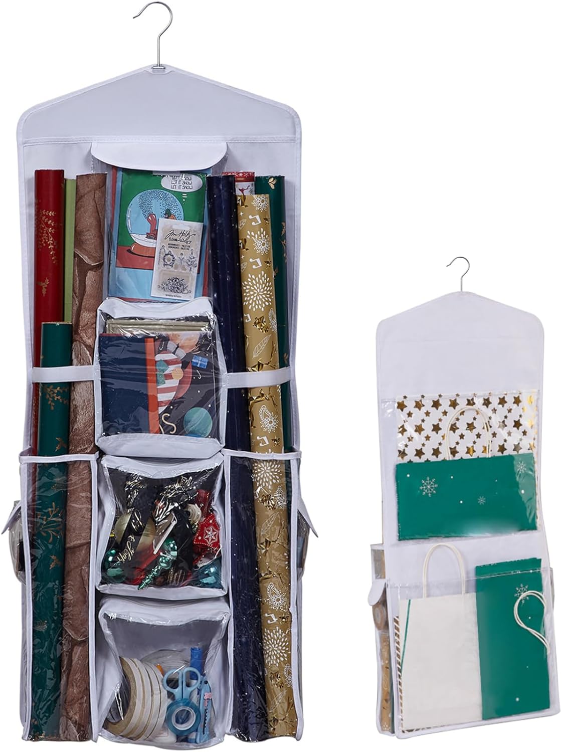 Christmas Decorations Wrapping Paper Storage Double-Sided Christmas Home Wrapping Paper Organizer with Clear Pockets 40x16 Inch Hanging Craft Wraping Roll Containers