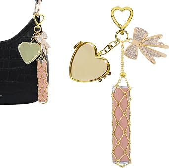 Lip Balm Keychain Charm with Mirror - Stainless Steel Mesh Bag Keychains, Lipstick Storage Case for Women Purse