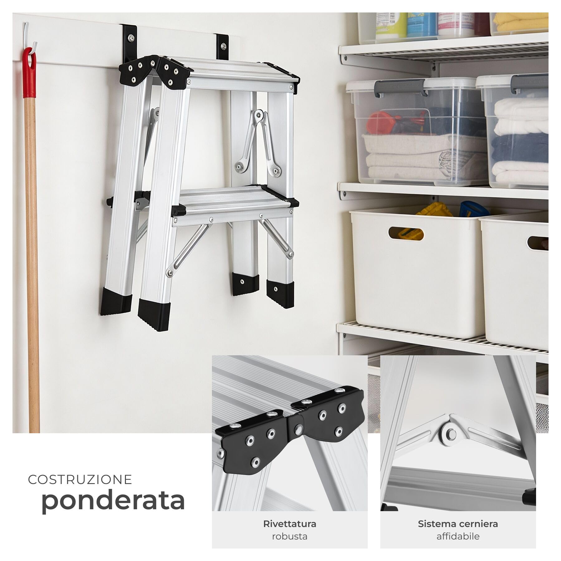 tectake® Scaletta Pieghevole in Alluminio Doppia, Scala 3 Gradini Antiscivolo, Scaletta Multiuso Salvaspazio con Doppia Salita, Scala per Casa Leggera, Piedini in Gomma, Antiscivolo, Portata 150 kg