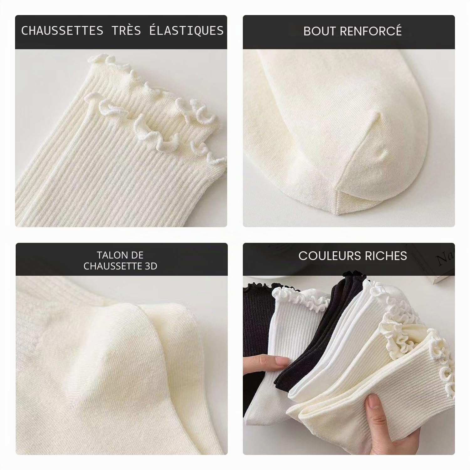 Lot de 8 paires de chaussettes à volants en coton plissé pour femme - Chaussettes élastiques mi-mollet (noir, blanc, blanc laiteux), noir, blanc, blanc laiteux, L