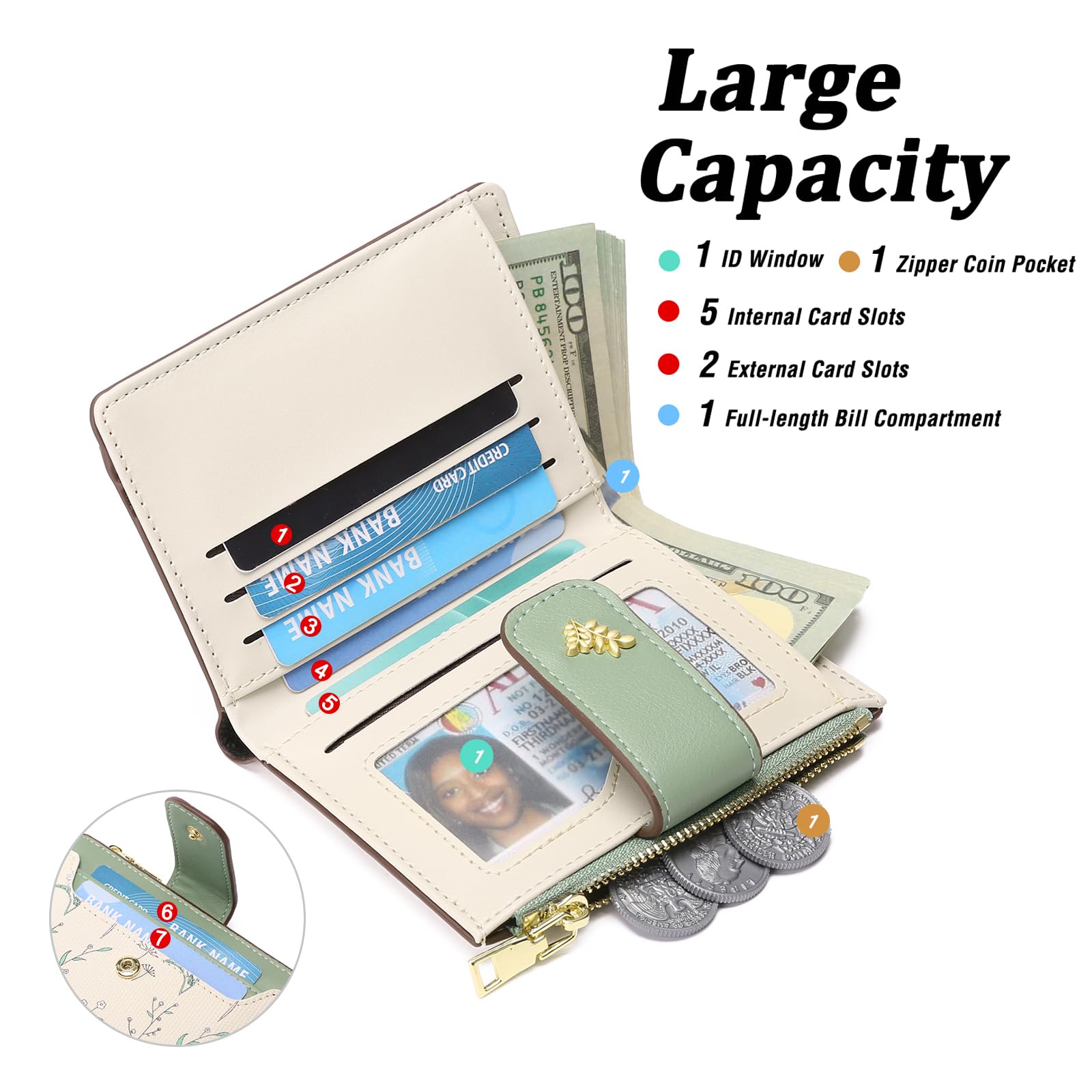 GAEKEAO Petit Portefeuille Femme Blocage RFID Cuir Bifold Porte Carte à Fermeture éclair Titulaire de Carte de Crédit avec Fenêtre d'identification