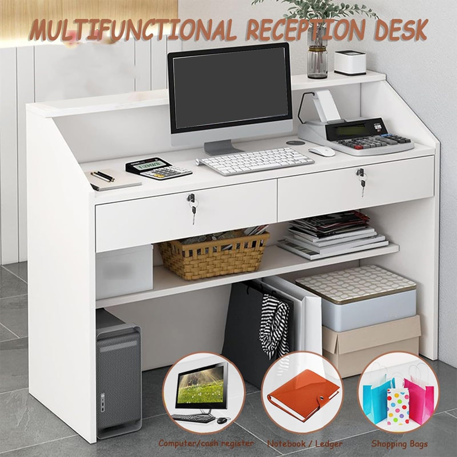 Banco cassa compatto per negozi, moderno banco reception, cassetti chiudibili a chiave e ripiani aperti, moderno banco di accoglienza, adatto per uffici e scrivanie per computer A,80CM
