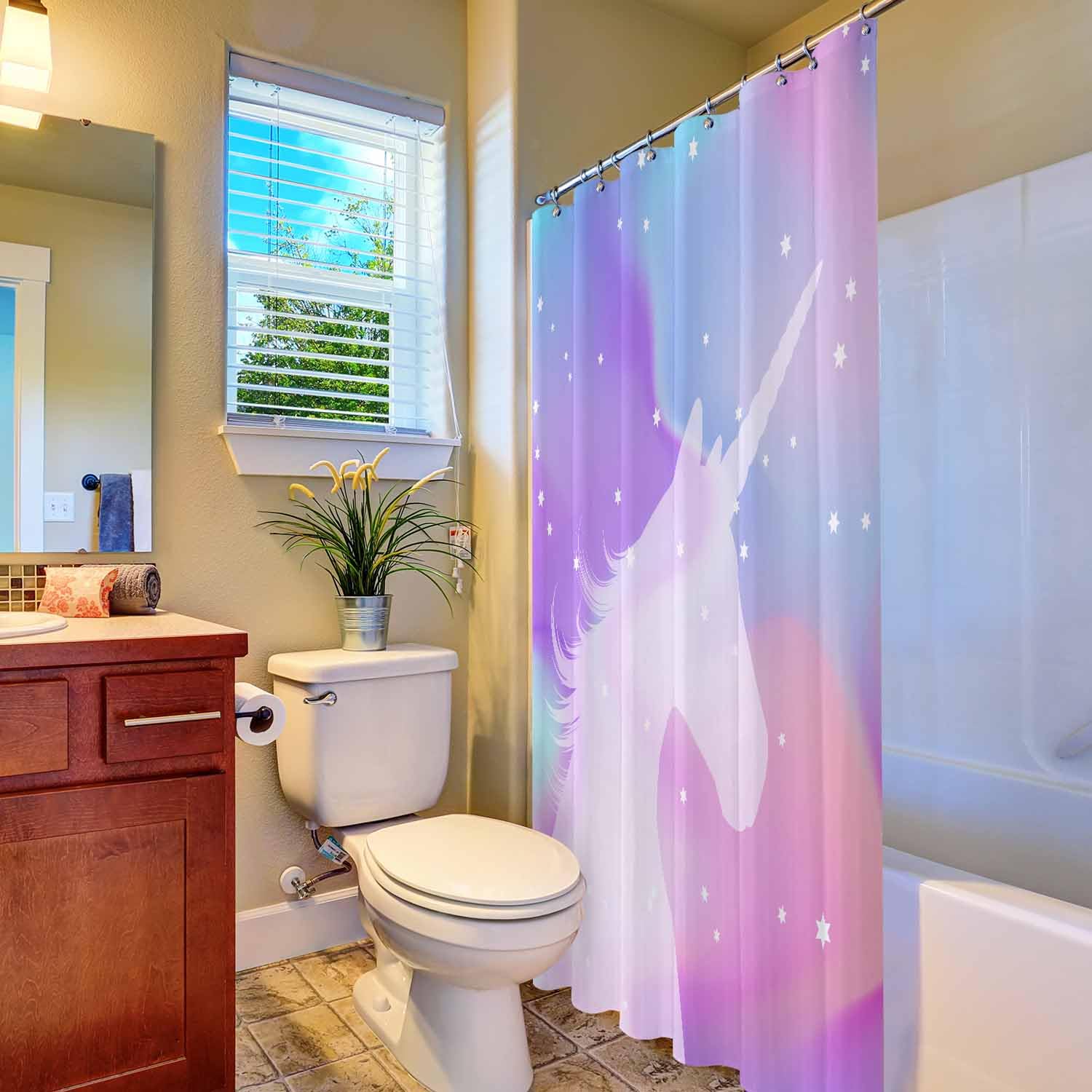 Woutay Shower Curtain Mould Proof Resistant Unicorn Silhouette,Water Repellant Fabric,Polyester,Size 180x180CM - Image 4