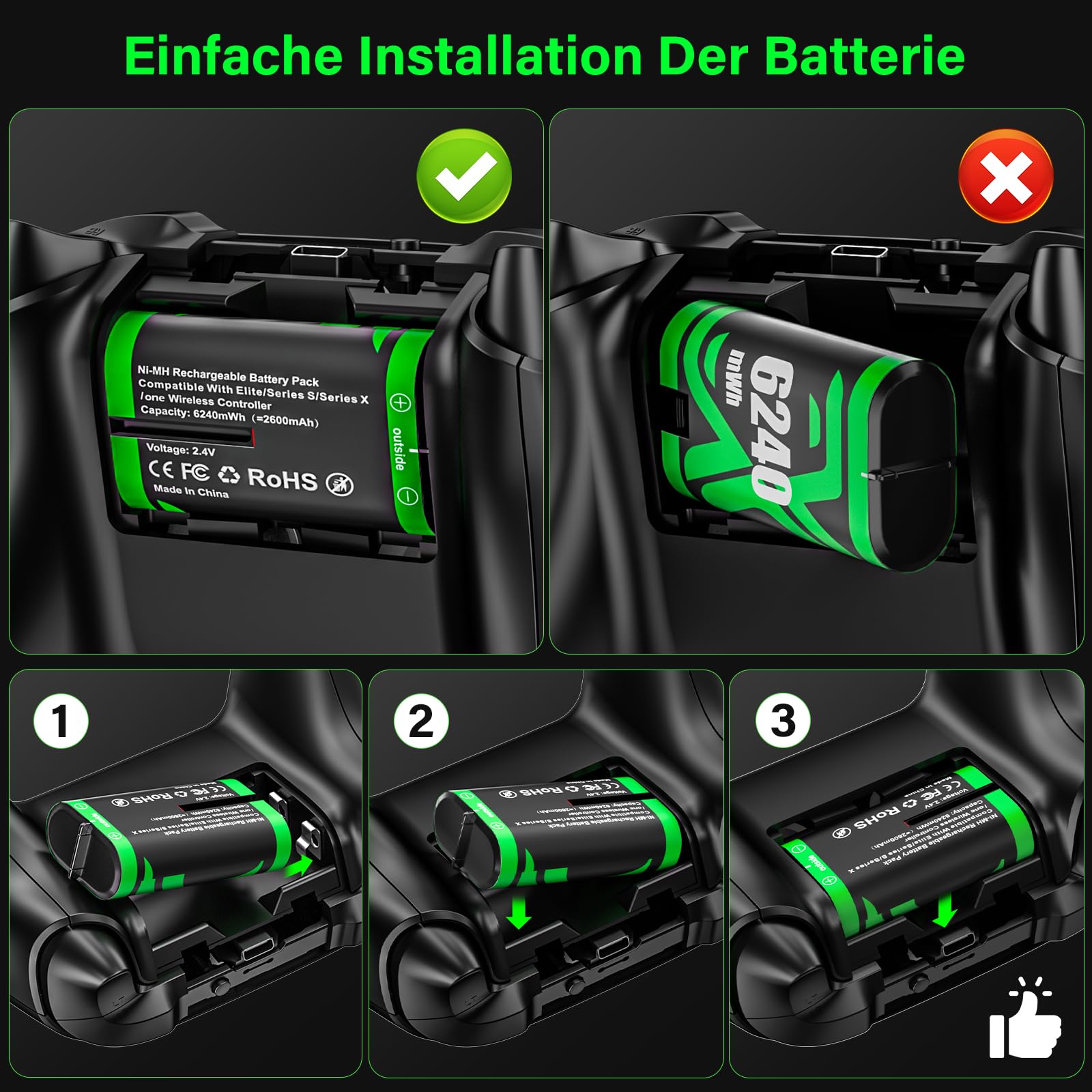 ZRZLMVP Xbox-Controller-Akku, 4 x 6240mWh Akku für Xbox One/One S/One X/One Elite/Xbox Series X|S Controller, Xbox Akku Pack mit Ladestation Zubehör- Wiederaufladbar, 3.5 Std Schnelllade, 4er-Pack