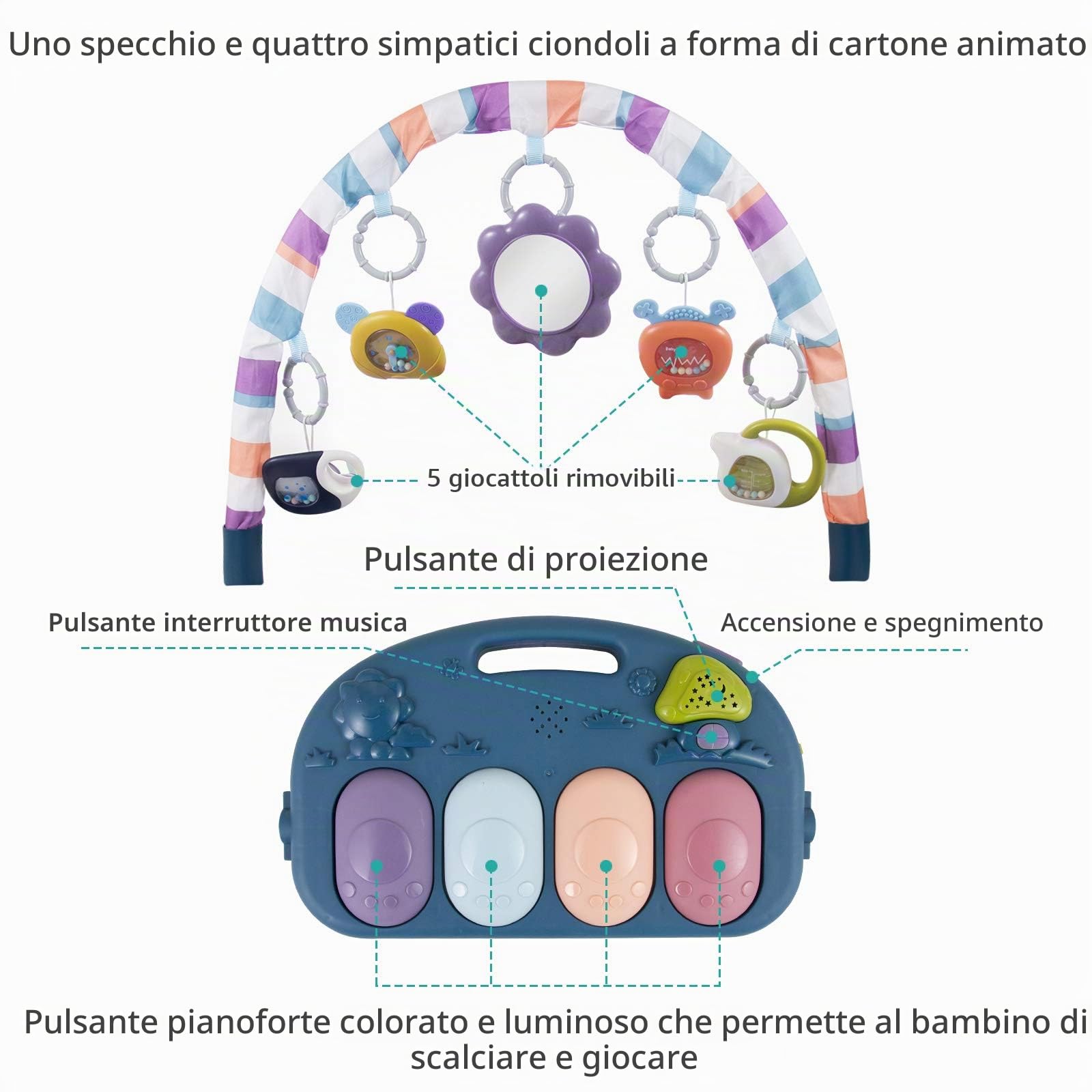 Caterbee Tappetino da Gioco con Pianoforte per Neonati, Giocattolo Attività con Pianoforte, Tappetino Palestra Attività per Neonati (Blu)