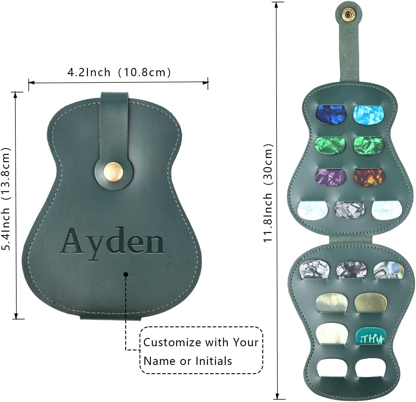 Custom Guitar Pick Holder Case, 18 Slots Guitar Pick Organizer with Personalized Name Engraving, Unique Guitar-Shaped Design for Music Lovers (Green)